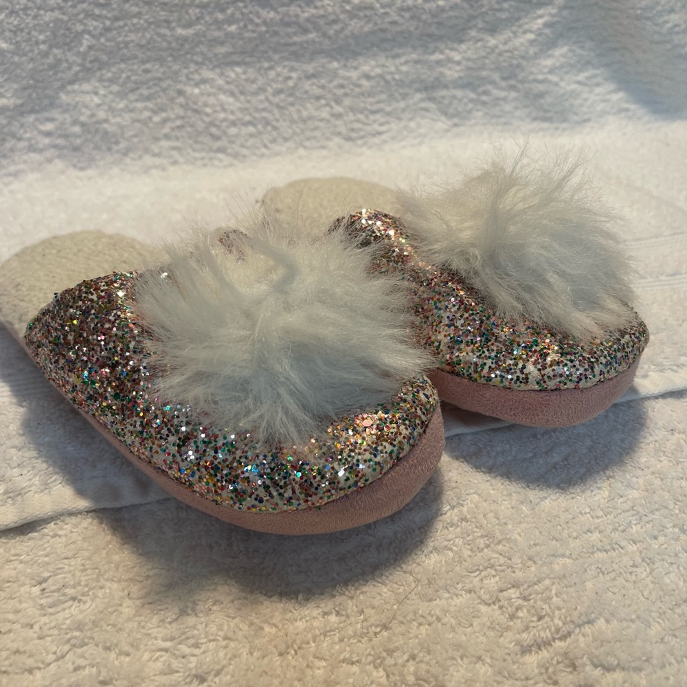 Glittery Slippers with White Pompom